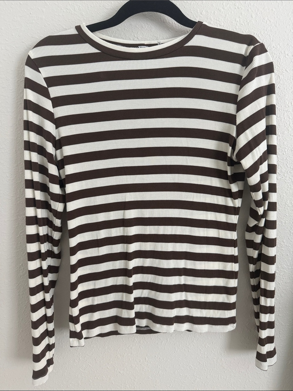 LNA Brown and White Striped Ribbed Crewneck Long-Sleeve